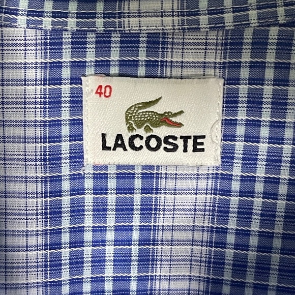 Lacoste Blue White Plaid Button Up Size Medium 40 Windowpane Woven Men’s Logo - Picture 2 of 9